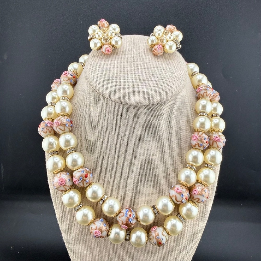 Vintage Wedding Cake Beaded‎ Necklace Earrings Set 17"